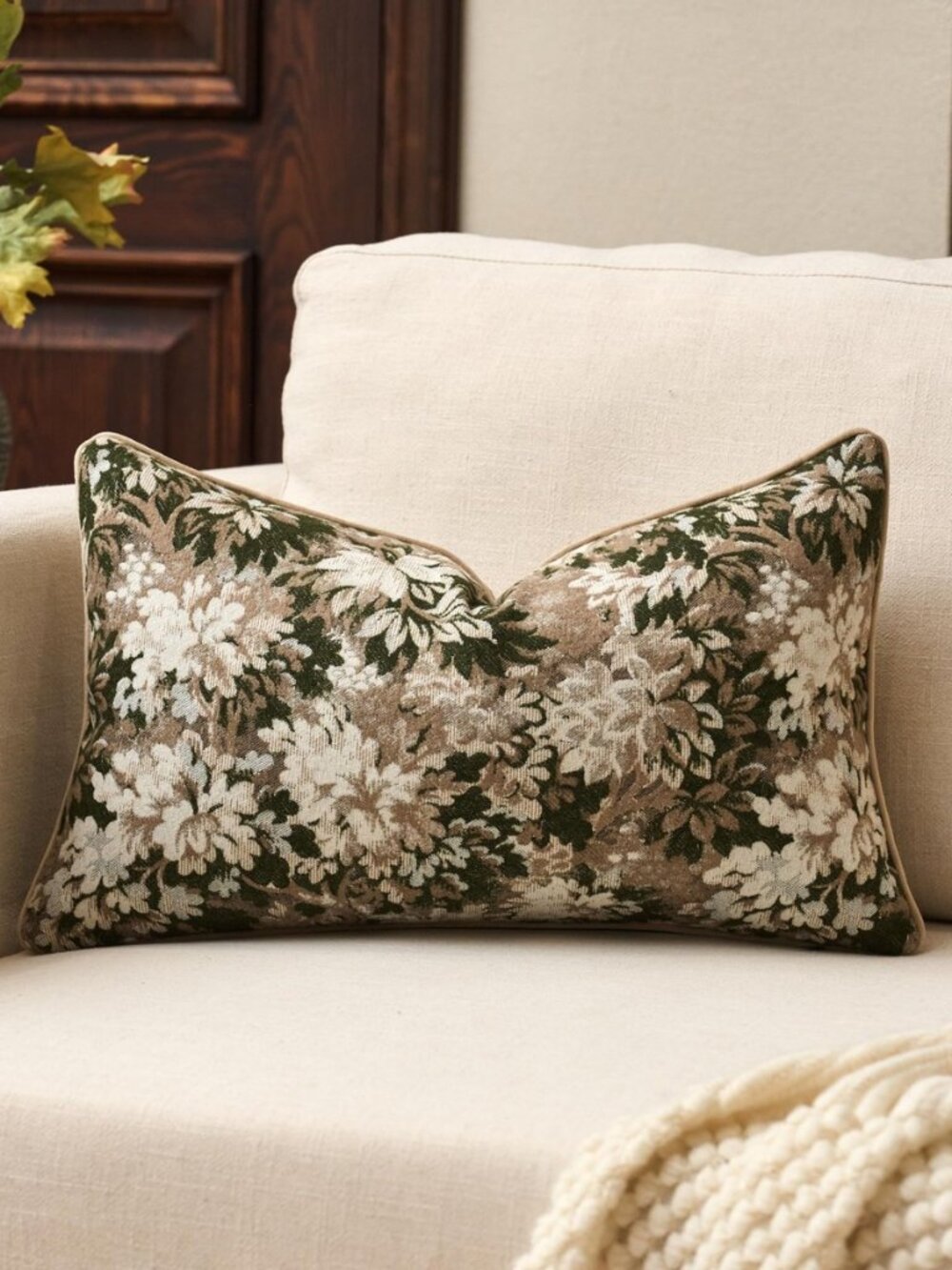 Neutral Floral Pillow Cover 12 x 20 Inches, Vintage Chenille Rectangle Throw